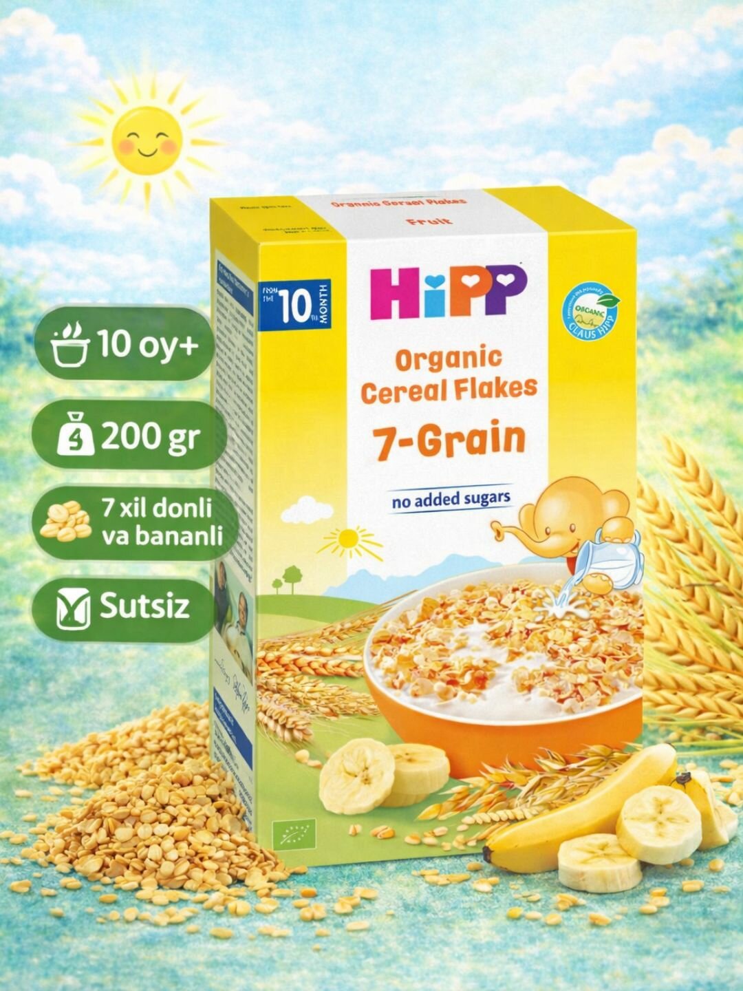 HIPP Cereal Flakes 7-Grain детская, безмолочная, органическая каша из 7 злаков, с бананом, 200 грамм, с 10 месяцев