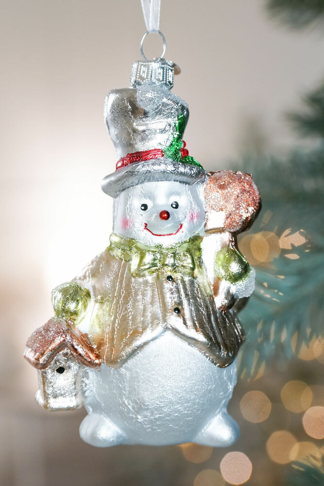 Ёлочная игрушка снеговик со скворечником, стекло, 13 см, Winter Deco 5030130
