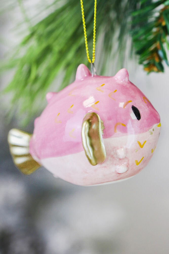 Ёлочная игрушка рыбка - розовый паффер, керамика, 9 см, Edelman 1178537