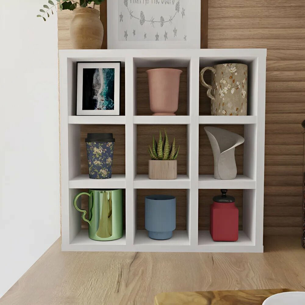 Настенная полка для кружек и коллекций, 9 ячеек, белая, 42x12x42 см