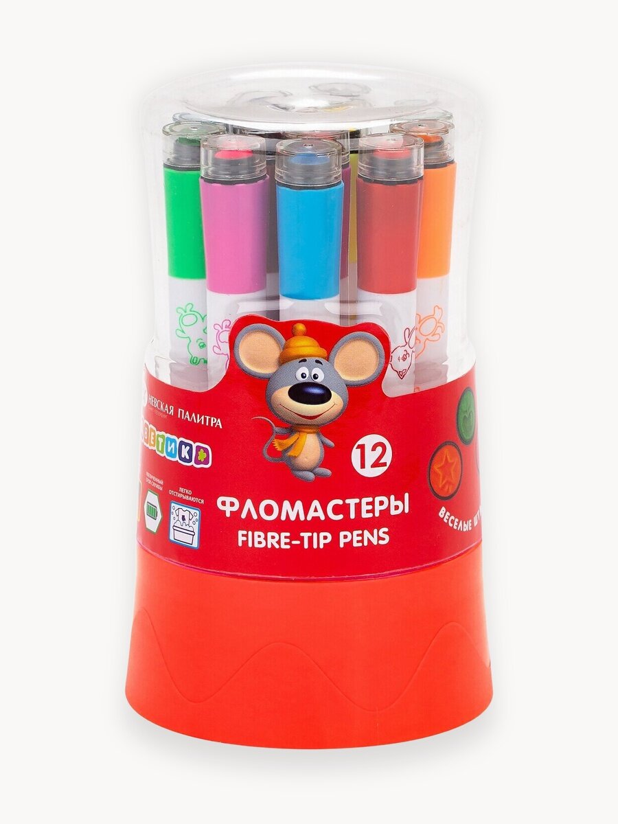 Фломастеры со штампом на водной основе Невская палитра Цветик, 12 цветов в пластиковом пенале 47421553
