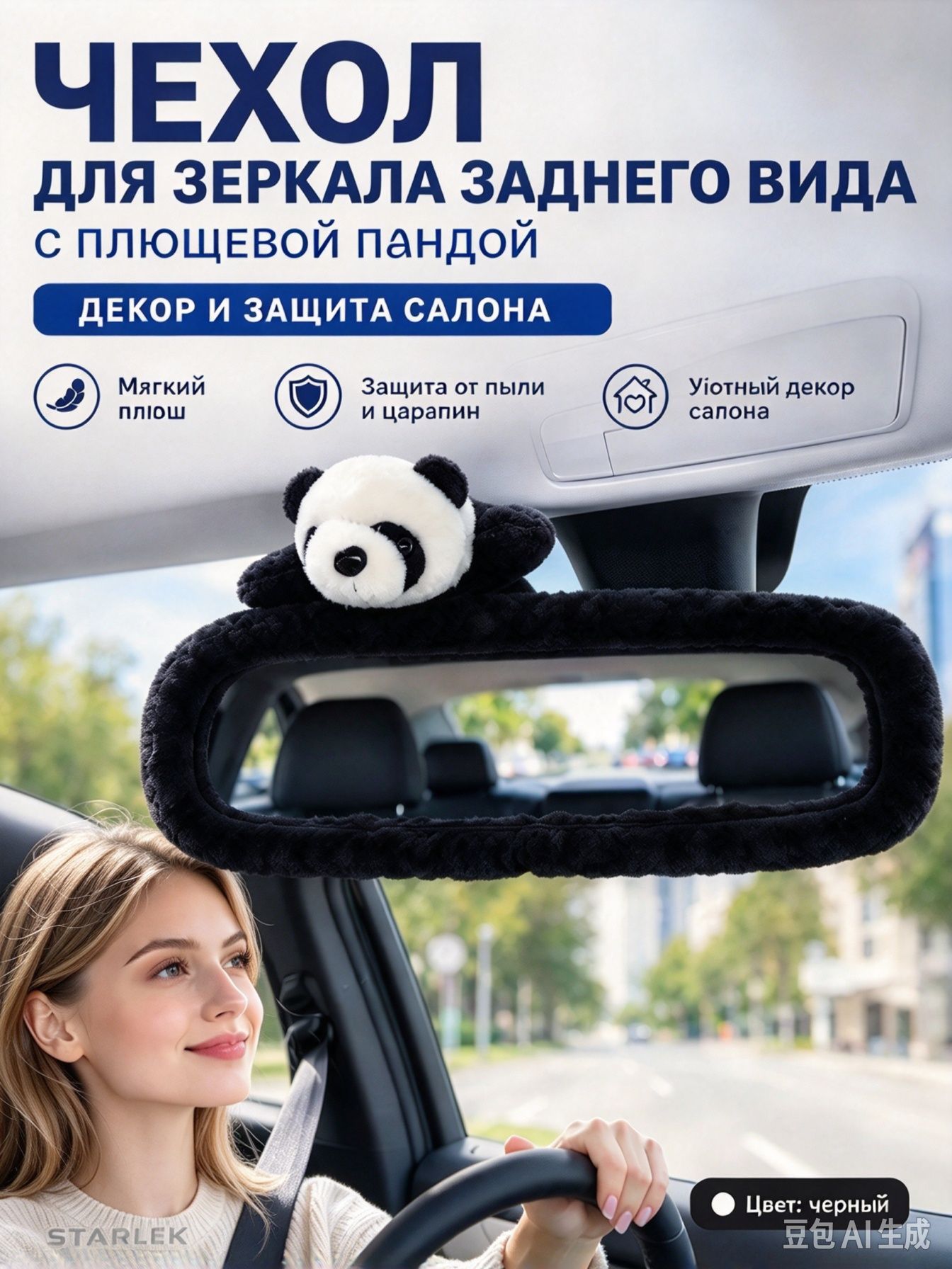 Чехол для зеркала заднего вида автомобиля с плюшевой декорацией, из ткани, Черный, папа-панда