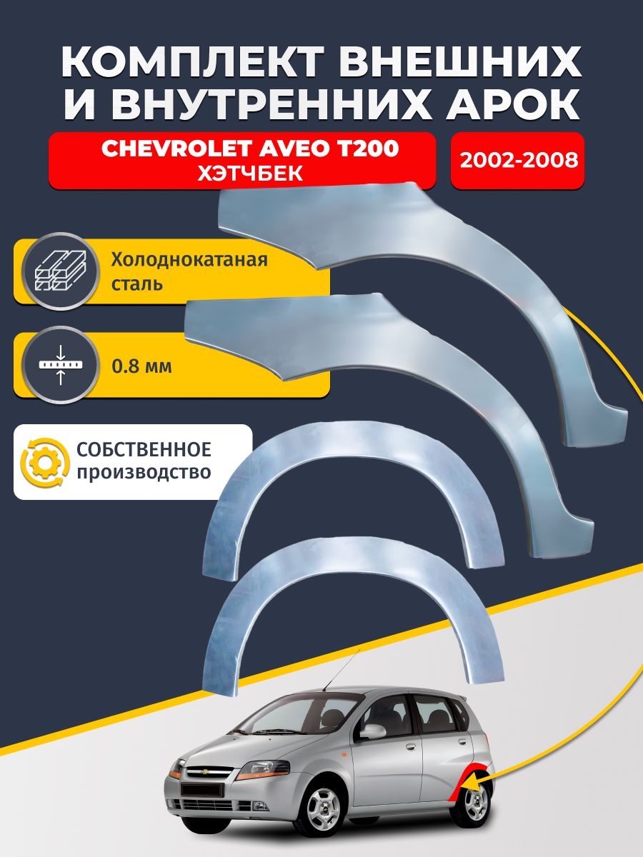 Комплект задних ремонтных внешних и внутренних арок для автомобиля (4 шт.), Chevrolet Aveo T200 2002-2008 хэтчбек 5 дв (Авео Т200). Холоднокатаная сталь 0,8 мм.