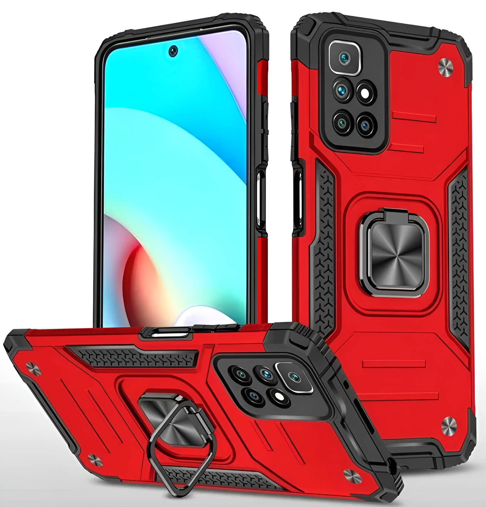 Противоударный чехол для Xiaomi Redmi 10 красный с пластиной для магнитного автодержателя и кольцом подставкой