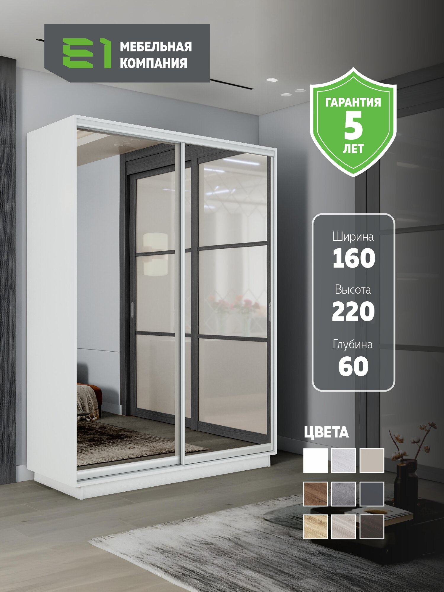 Шкаф-купе Е1 Экспресс двухдверный, зеркала, 160х60х220, белый