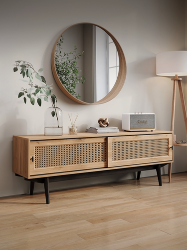 Изображение товара Тумба под телевизор напольная Puzzlemebel Бохо, фасад из плетенного ротанга на ножках, длина 150 см, светло-коричневый