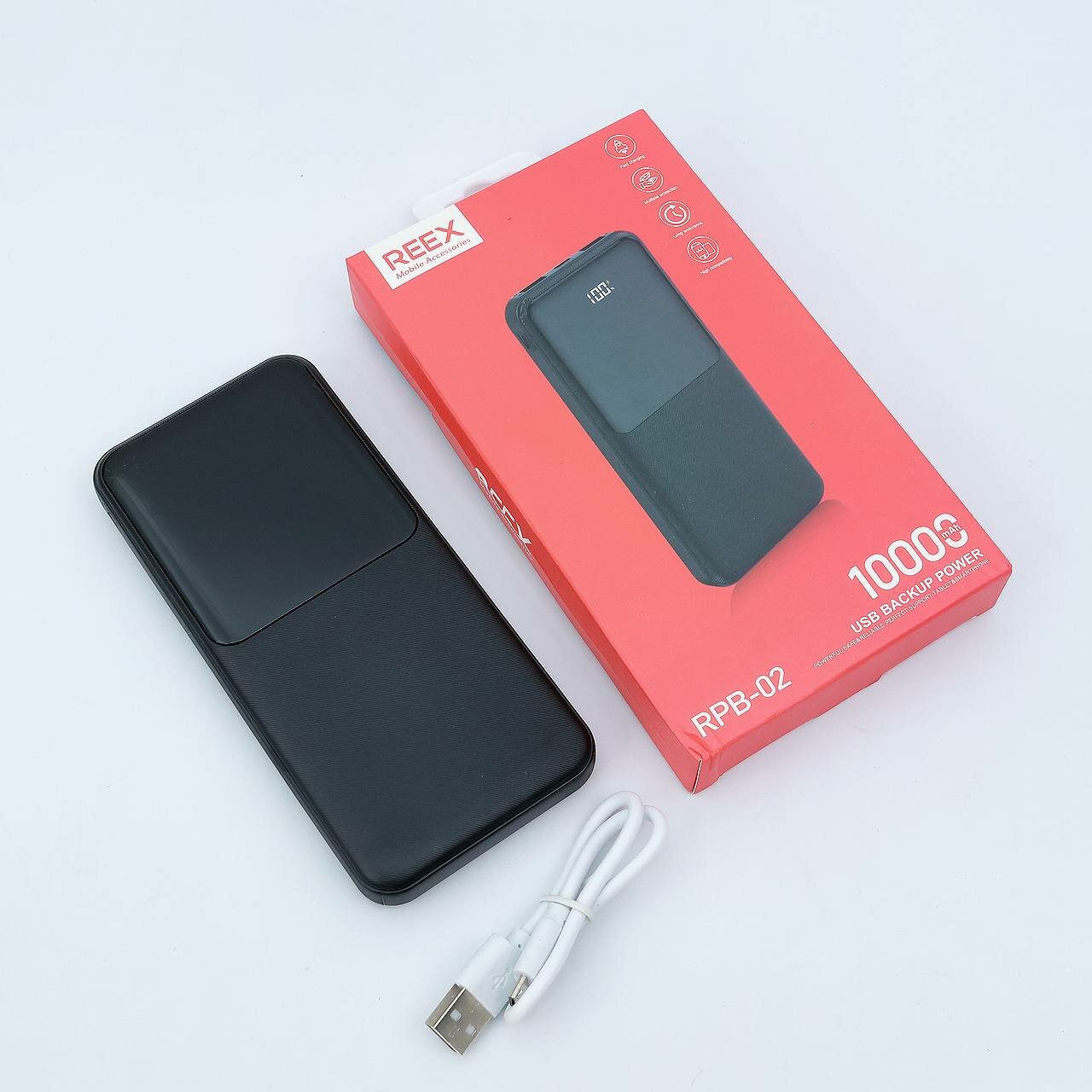 Внешний аккумулятор REEX RPB-02, 10000 мАч, USB-C, 2xUSB-A, Power Bank, черный
