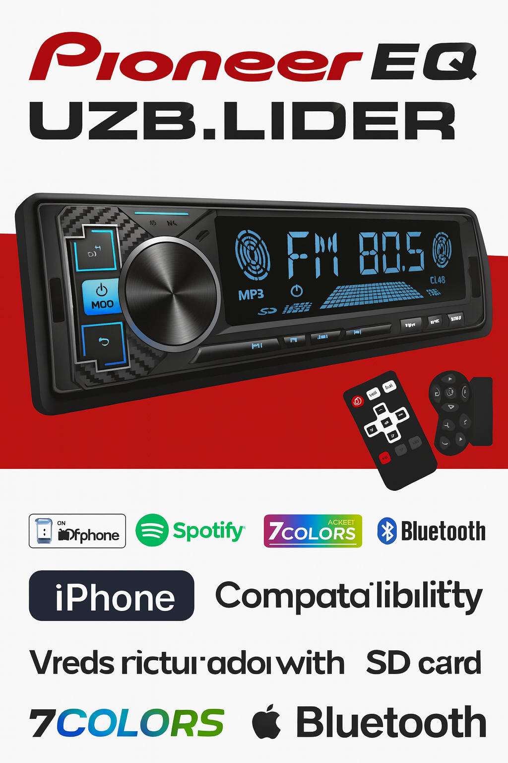 Автомобильная магнитола Pioneer EQ -Bluetooth, USB, SD, FM Радио, 7 Цветов Подсветки