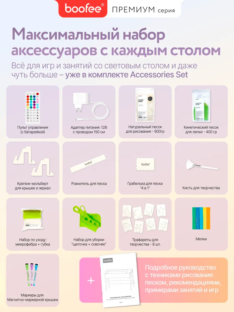 Изображение Световой стол для рисования песком для детей Boofee с крышкой и стулом, игровой крышкой, прозрачным мольбертом, панелью для конструирования (комплект растущий стол со стульчиком)