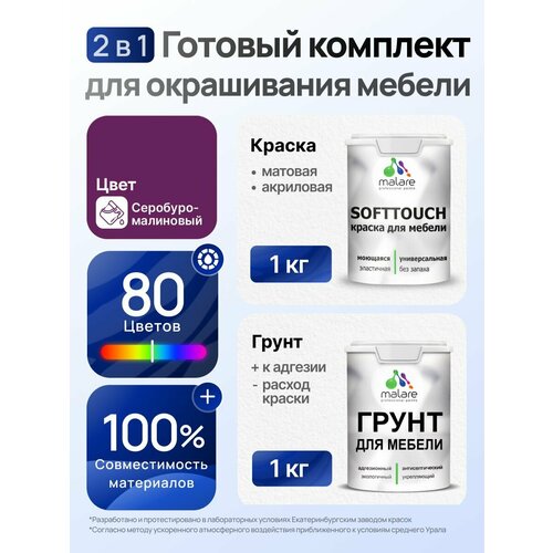 фото Комплект malare для окрашивания мебели, кухонных фасадов (1кг грунт + 1кг краска), без запаха, цвет серобуромалиновый