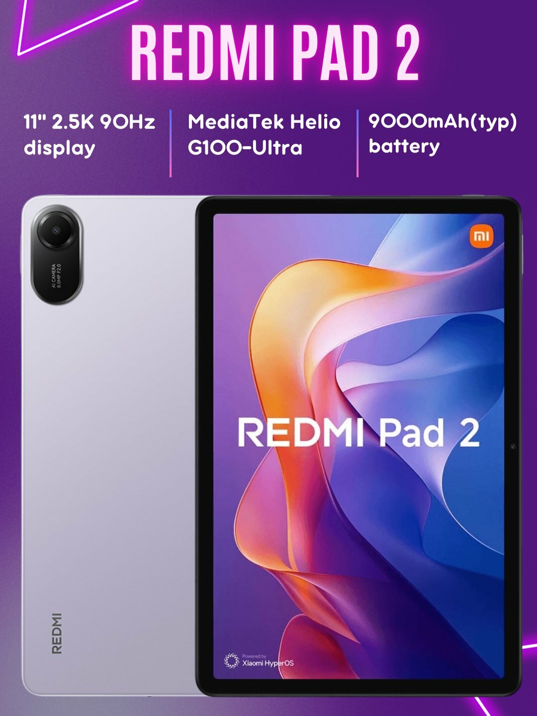 Планшет Redmi Pad 2 8/256GB, Wi-Fi, IPS LCD 11", QHD 90 Гц, 9000мАч, гарантия 1 год, Розовый
