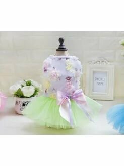 Платье для собак бело-салатовое с цветами и бантом Принцесса разм S (20)
