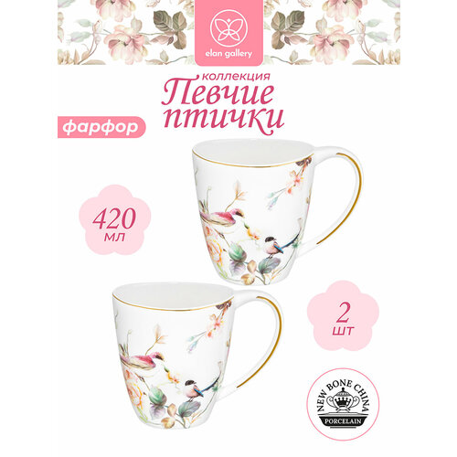 Кружка, чашка для чая, кофе 2 шт по 420 мл Elan Gallery Певчие птички, фарфор, набор