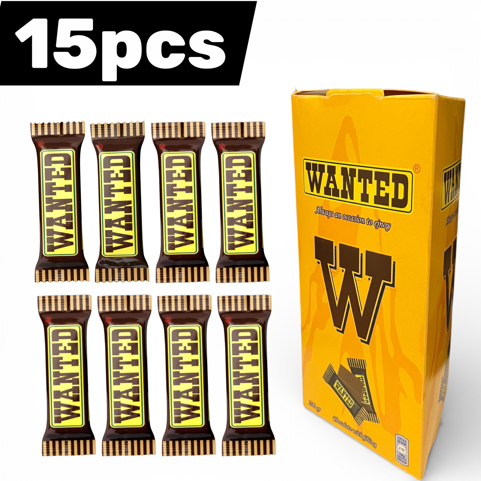 15 шт шоколад с начинкой WANTED по 20 г, размер упаковки 18,5 × 10 см, производитель Ne’mat