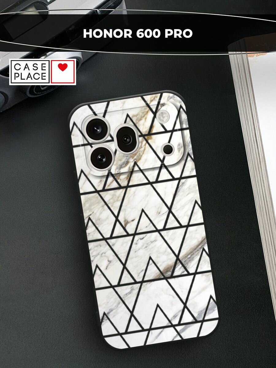 Черный матовый чехол на Honor 600 Pro / Хонор 600 Про с принтом Белый мрамор с узорами треугольниками