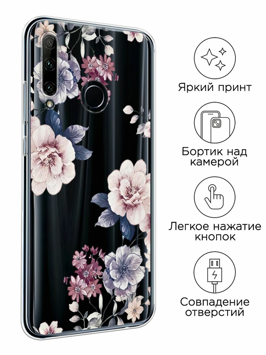 Чехол на Honor 10i/20 Lite 2019/20e/Huawei P Smart Plus 2019 / Хонор 10i с принтом "Нежные винтажные цветы", прозрачный — фото 1