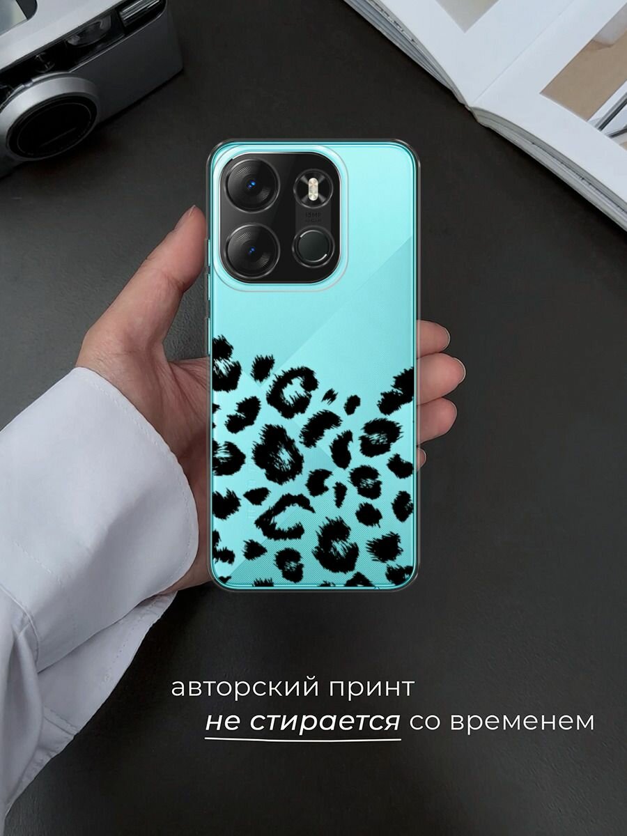 Чехол на Tecno Spark Go 2023/Infinix Smart 7 с принтом "Окрас леопарда фон черный", прозрачный — фото 1