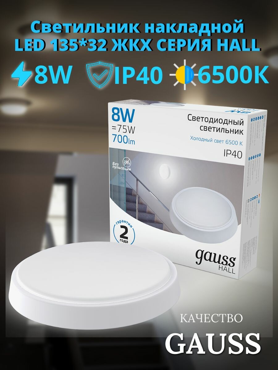 Светодиодный светильник 8W 6500K ЖКХ круглый Gauss HALL