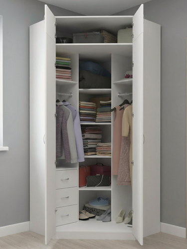 Изображение товара Шкаф угловой распашной Анри-15 с антресолью, 3 ящиками, 7 полками и 2 штангами для вешалок, белый