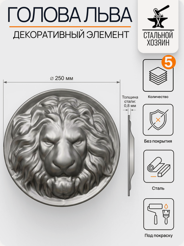 Изображение товара 5 шт Кованый элемент Накладка стальная Голова Льва диаметр 260 мм
