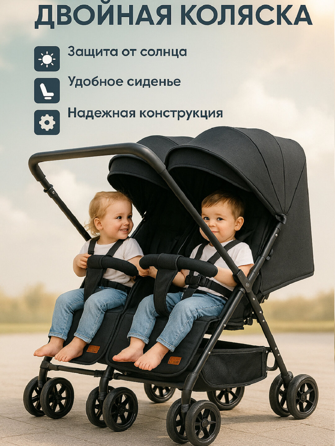 Прогулочная коляска, для двойни, резиновые колеса, всесезонная