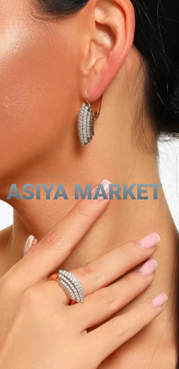 Комплект бижутерии: кольцо, серьги, искусственный камень, размер кольца 17, серебристый — фото 1