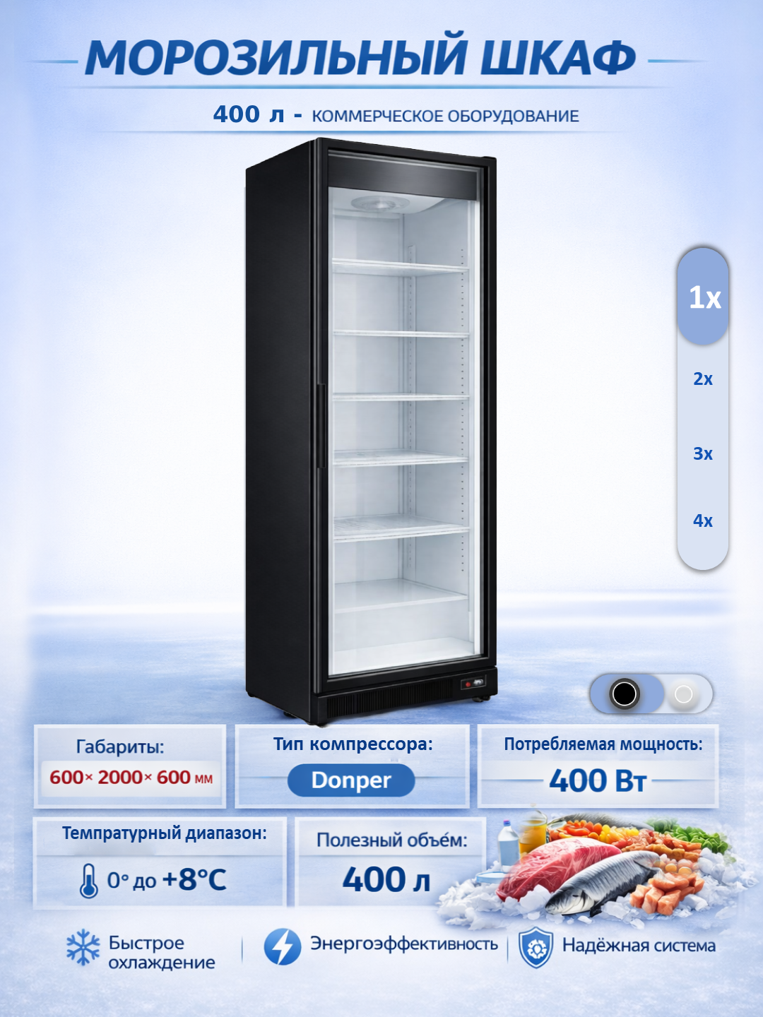 Витринный холодильник коммерческий до 2500 л, стеклянные двери, компрессор Donper