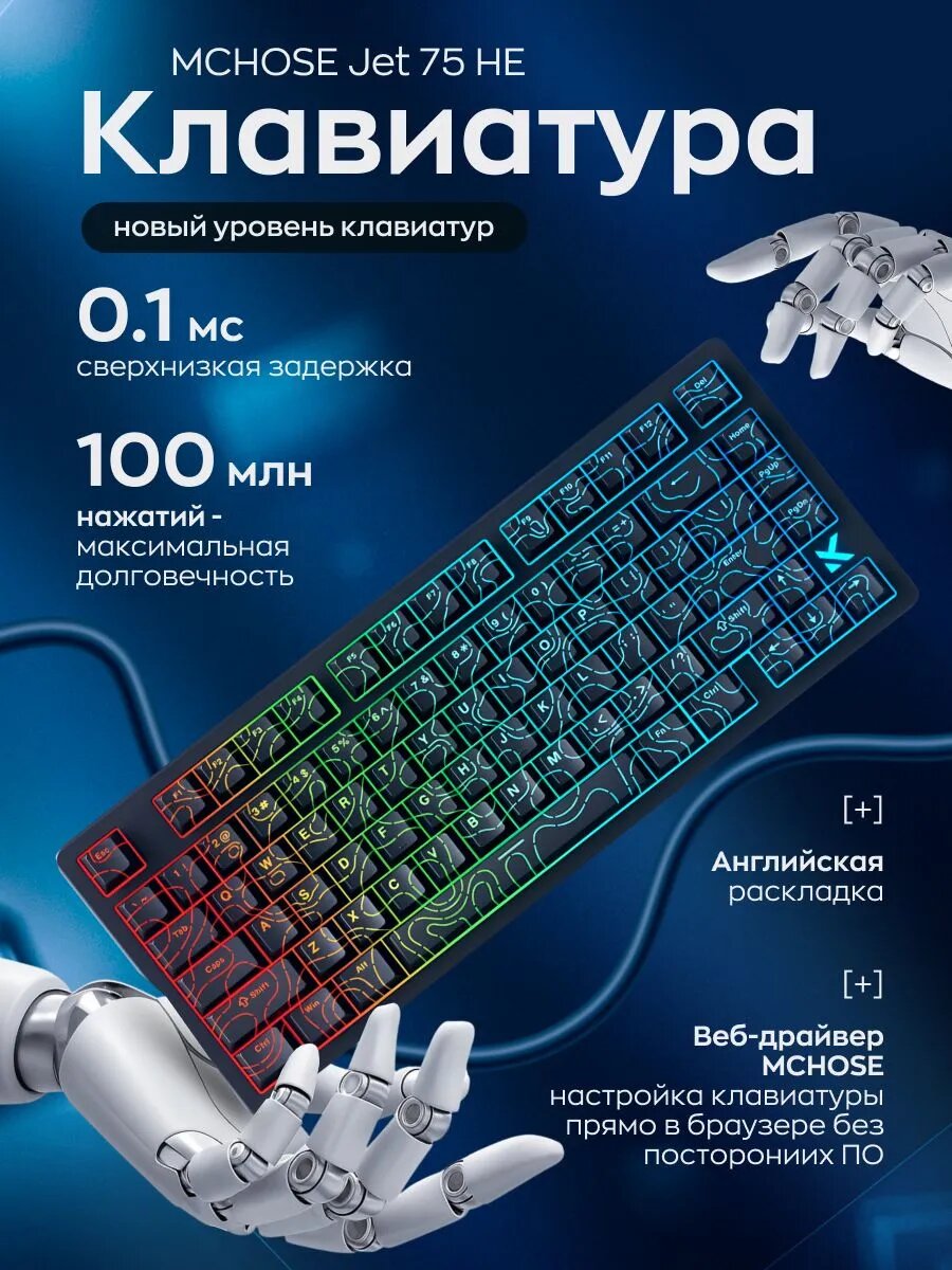 Игровая клавиатура проводная MCHOSE Jet 75 HE, Kailh Magnetic God Switch, Topographic, черный (Без русской раскладки)
