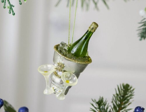 Изображение товара Стеклянная Ёлочная игрушка шампанское под БОЙ курантов, 10 см, подвеска, Kurts Adler ZCIT1484G