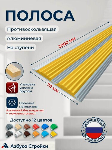 Изображение товара Полоса противоскользящая алюминиевая накладка на ступени с двумя вставками 70мм, 2м, желтый