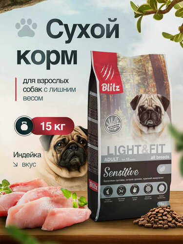 Изображение товара Сухой корм Blitz Sensitive, для взрослых собак всех пород с лишним весом, со свежей индейкой, 15 кг