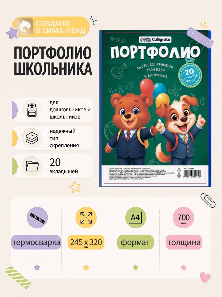 Папка-портфолио А4 Calligrata, пластиковая, с 20 вкладышами, микс