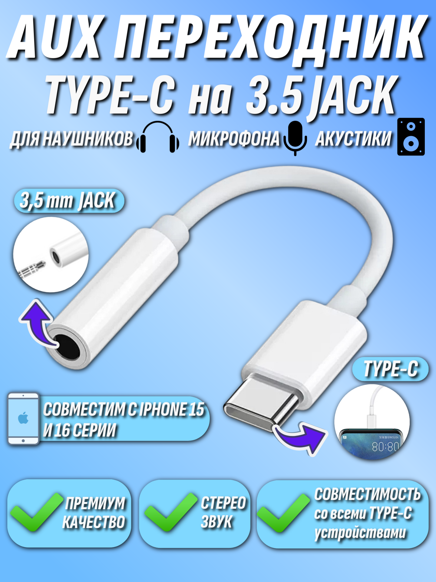 Переходник USB-C Type c Jack 3.5 aux iPad Iphone 15 и 16 серии запись разговор музыка
