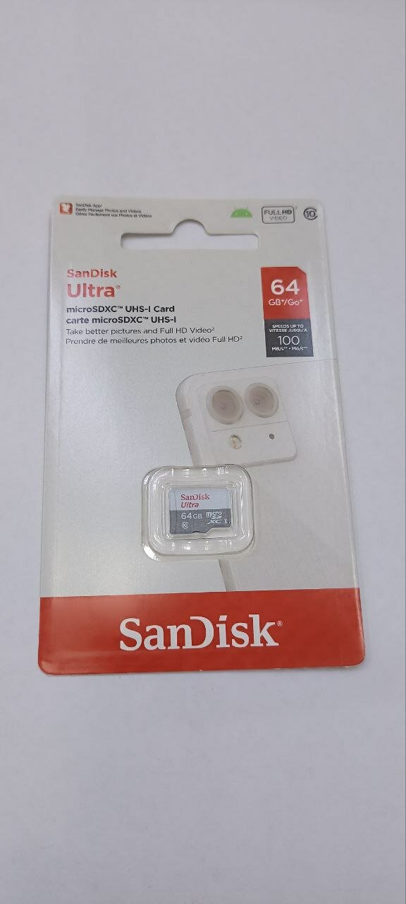 Флэш-накопитель SanDisk "Ultra", MicroSD, 64 GB, Class 10, скорость чтения 100МБ/с