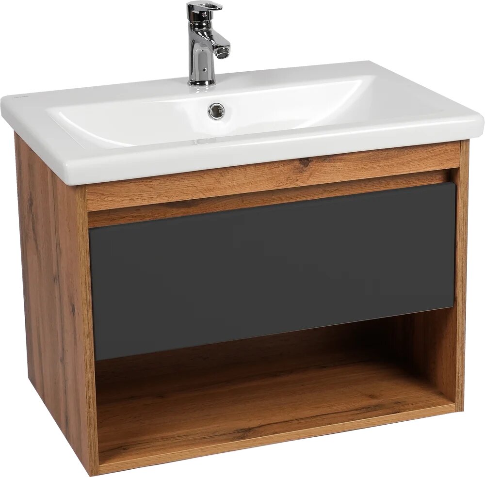 Тумба с раковиной VIANT Бостон 70 подвесная 70 см с ящиками прямоугольная из МДФ серая в скандинавском стиле из фарфора