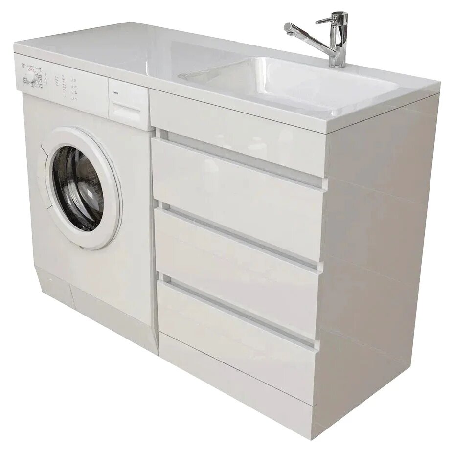 Тумба с раковиной Emmy Джерси 120 под стиральную машину, напольная, 120 см, белая, глянцевая, из МДФ, с ящиками, раковина для ванной, из искусственного мрамора, прямоугольная