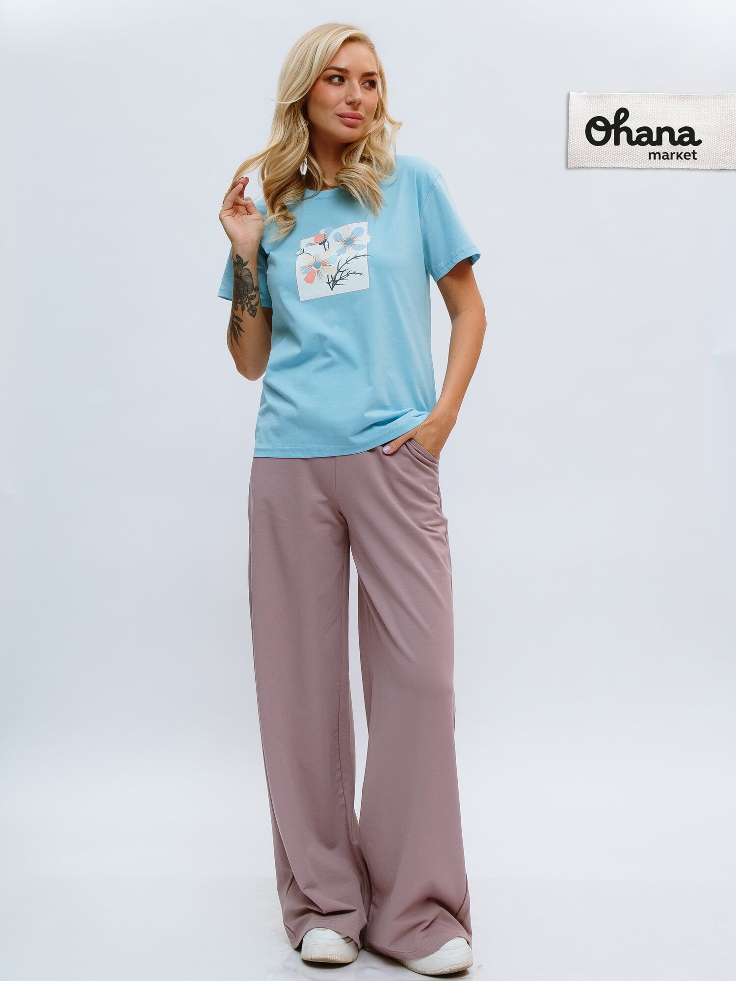 Футболка Ohana market женская базовая, размер 56, голубой/белый — фото 1