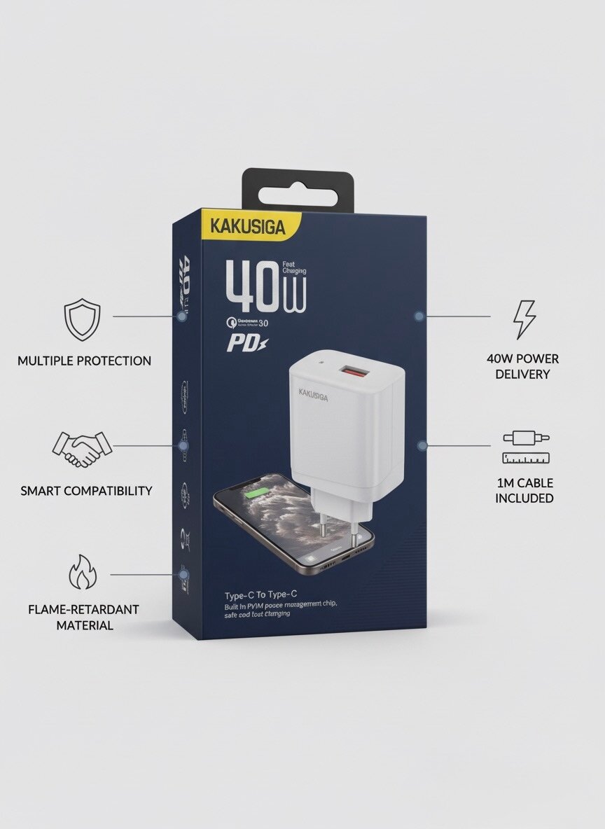 Комплект для быстрой зарядки KAKUSIGA PD40W | Кабель Type-C — Type-C (1 м) | PD + QC 3.0 | Вилка европейского стандарта — фото 1