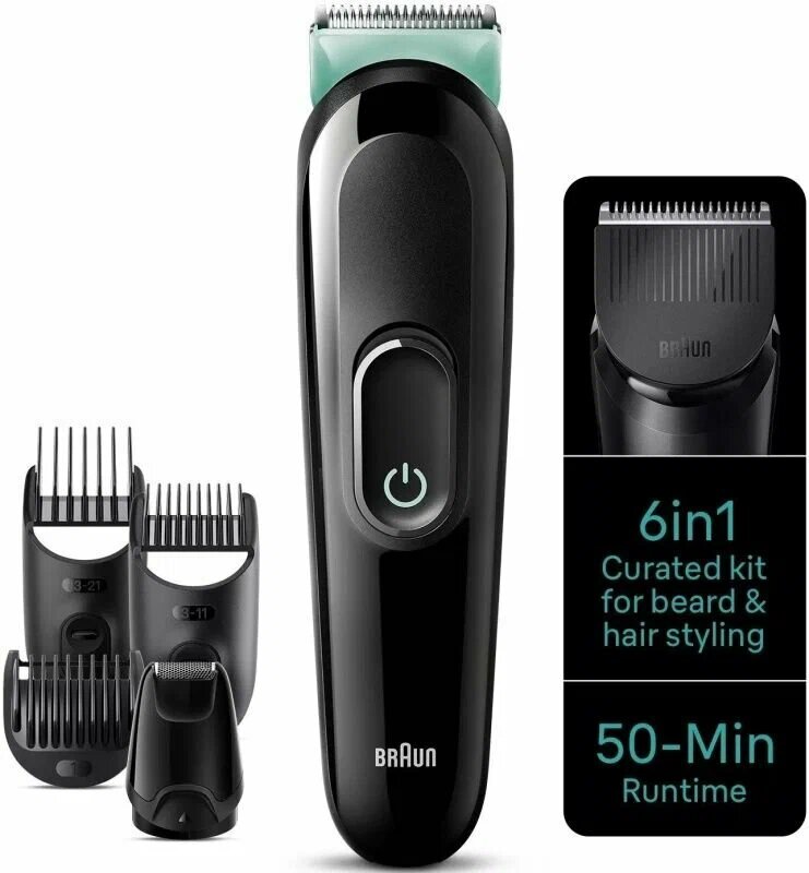 Триммер Braun MGK 3411 черный  для волос  бороды и усов  влагозащищенный  5 насадок
