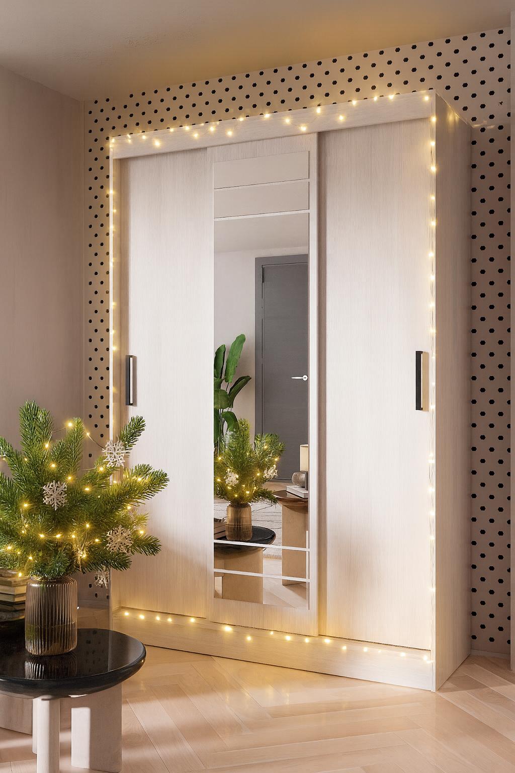 Шкаф-купе Тео 131см ясень белый, трехстворчатый шкаф с зеркалом