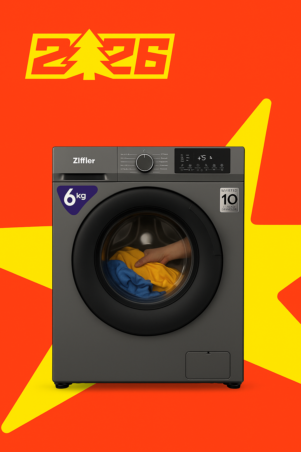 Ziffler BWM6-A1SDG – 6 кг, инверторная стиральная машина | Экономичная, тихая и с функцией паровой стирки