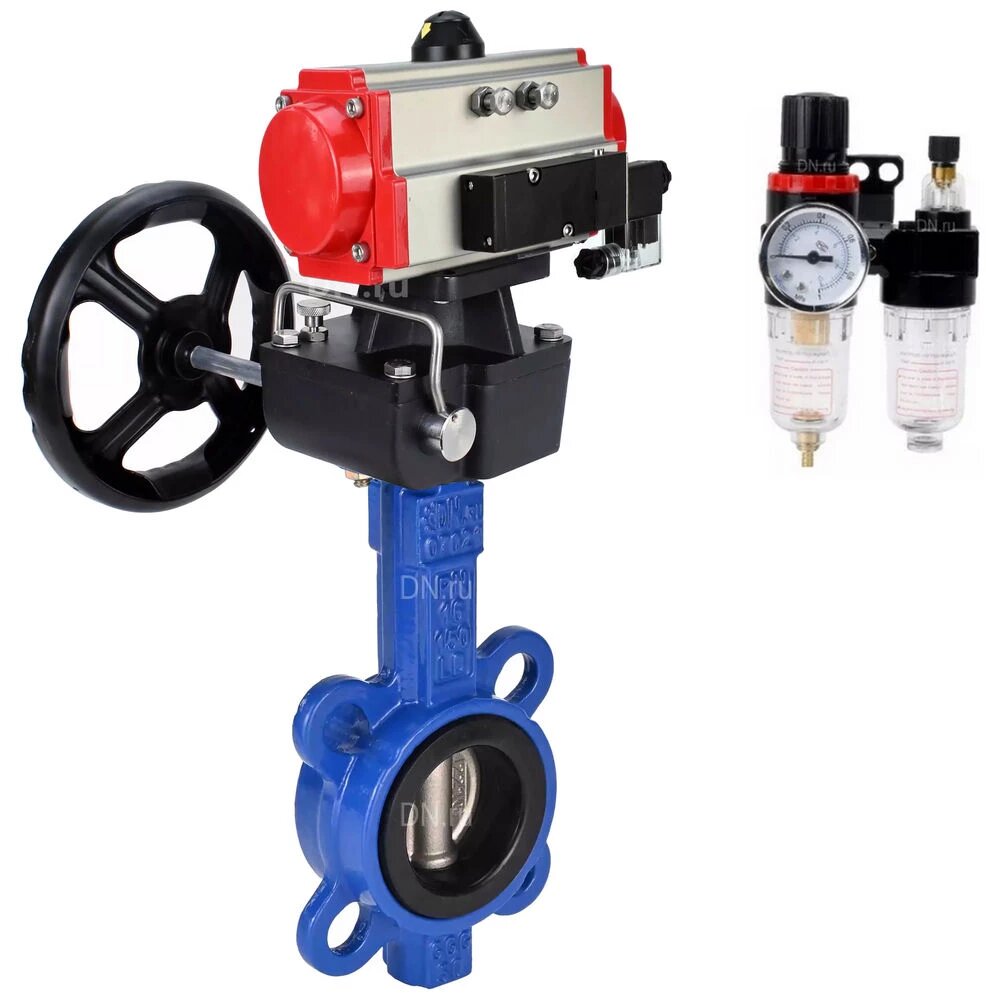 Затвор дисковый поворотный DN.ru BV-16 Ду150 Ру16, межфланцевый, корпус - чугун GGG50, диск - чугун GGG40, уплотнение - EPDM, с пневмоприводом DA-105, с пневмораспределителем PND1-S2EM-52-2-T10-220VAC, ручным дублером HDM-3, БПВ APU1-10-40-V08