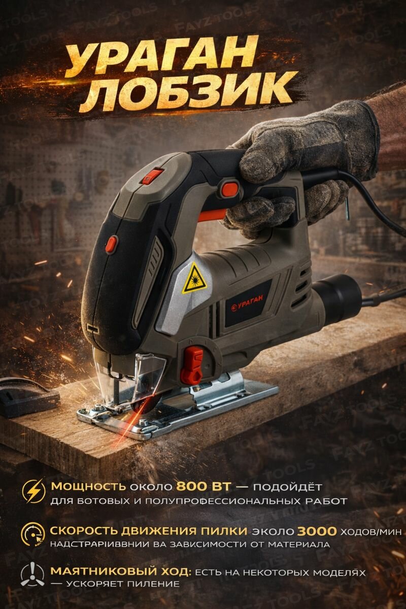 Электролобзик URAGAN 800 Вт с лазерным указателем и маятниковым ходом для дерева и металла