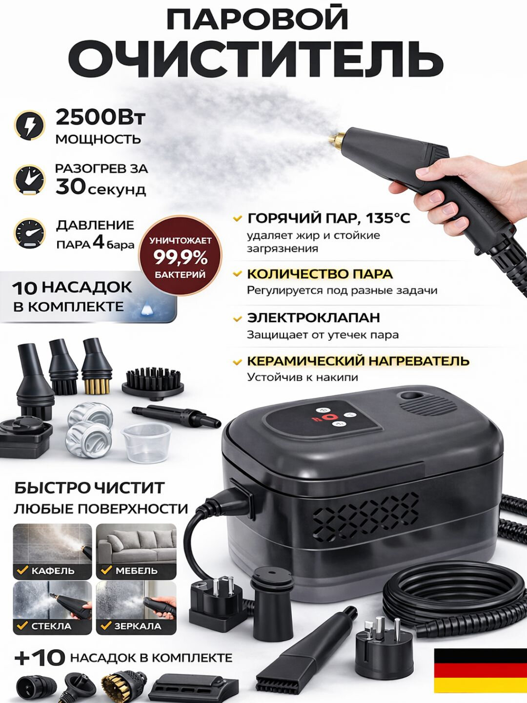 Мощный пароочиститель для дома - Черный — фото 1