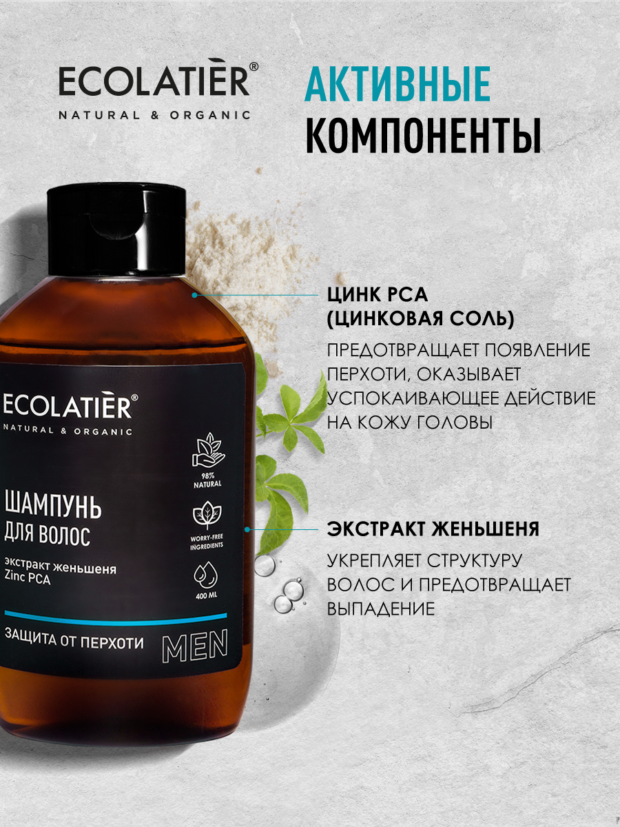 Мужской шампунь ECOLATIER Men, защита от перхоти, с цинковой солью, 400мл — фото 1