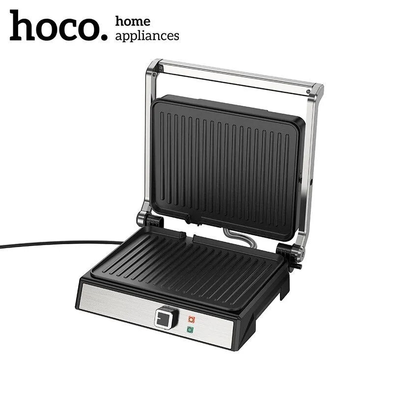 HOCO HE40 Контактный электрогриль – 180° открытие, 1000–1800 Вт, антипригарное покрытие, серебристый