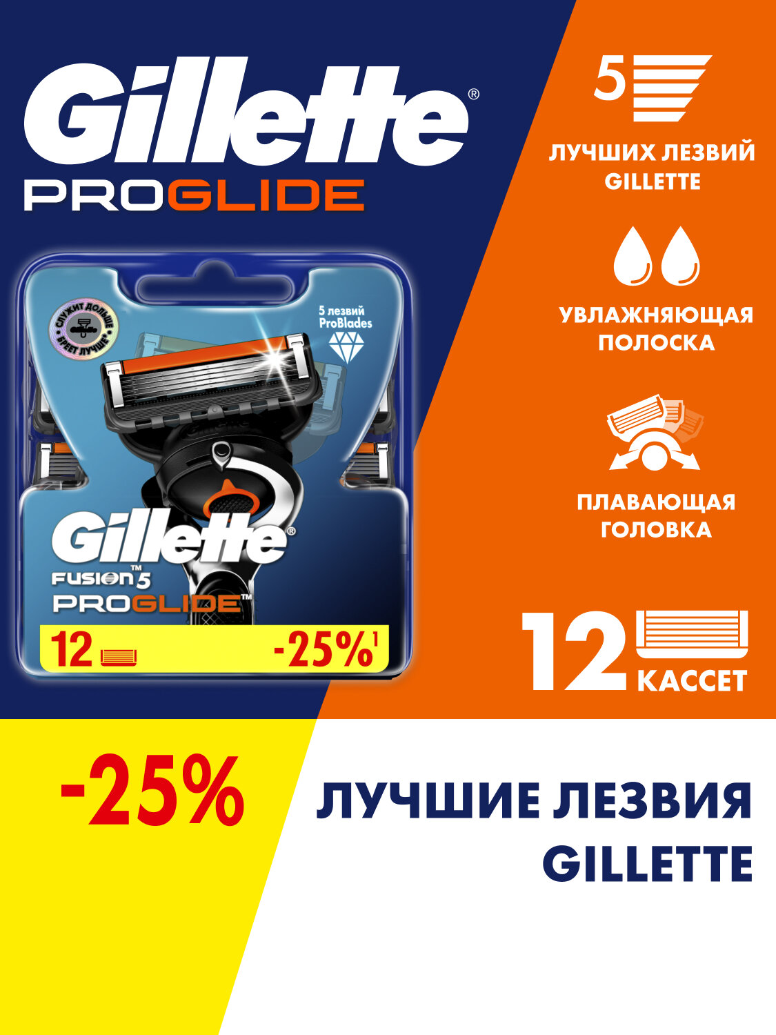 GILLETTE Fusion 5 ProGlide Сменные кассеты для бритья с 5 лезвиями, мужские, 12 шт