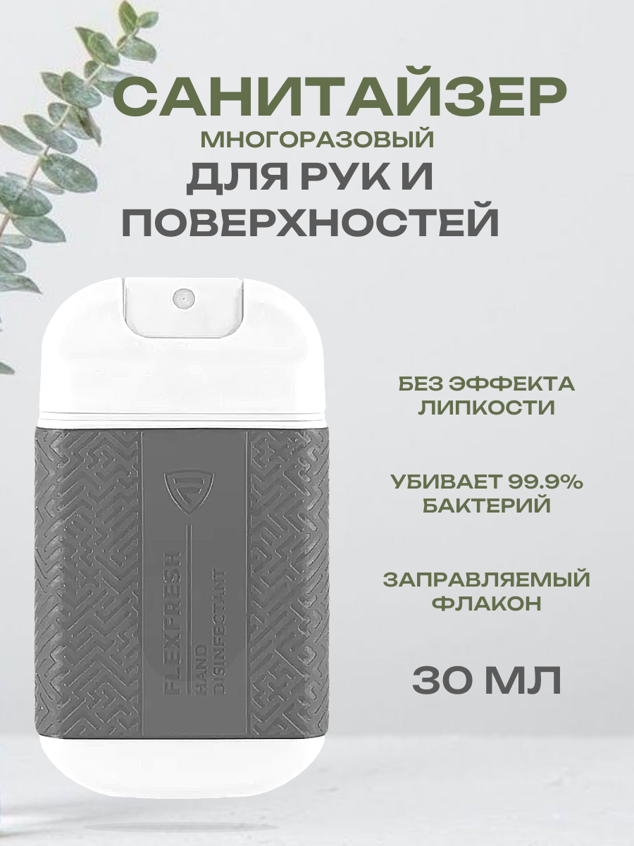 Карманный санитайзер для рук в многоразовом флаконе 30 мл Серый