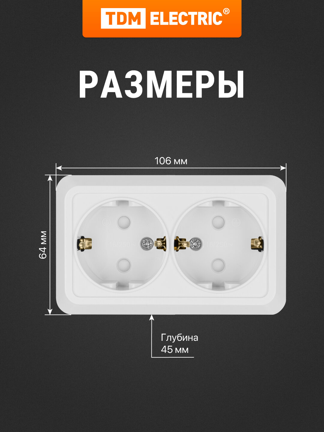 Розетка двойная 2П+З открытой установки с з/ш IP20 16А, белый "Ладога" TDM — фото 1