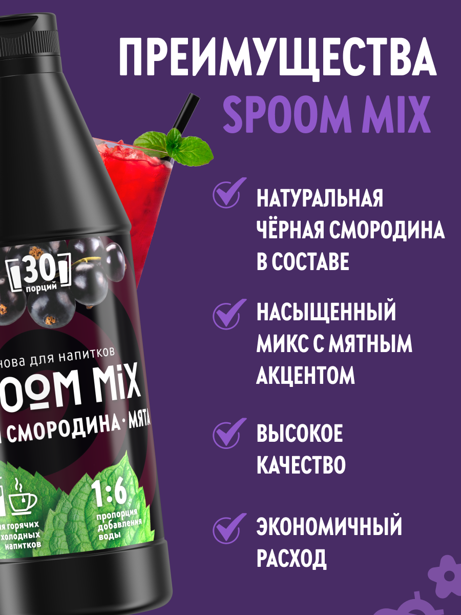 Основа для напитков SPOOM MIX Чёрная смородина, мята, бутылка 1 кг — фото 1
